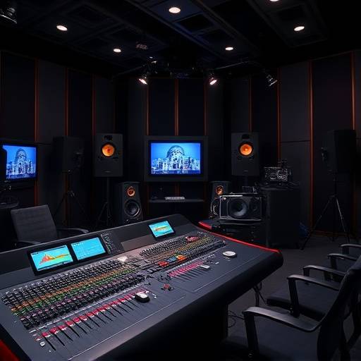 A 5.1 surround sound mixing setup in a studio