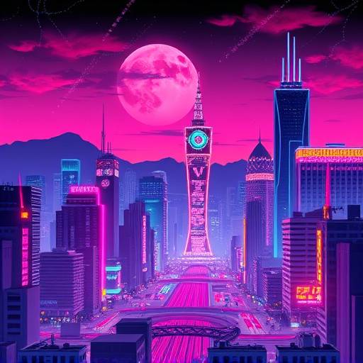 Album cover for The Neon Echoes' 'Electric Dreams' featuring a stylized city skyline