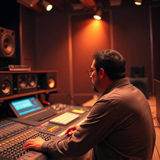 An audio engineer working at a mixing console