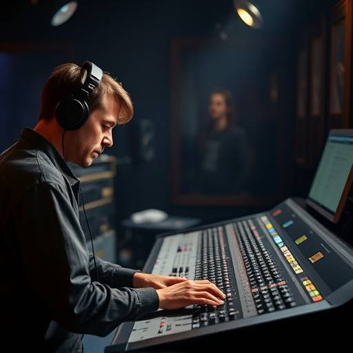 An audio engineer working meticulously at a mixing console