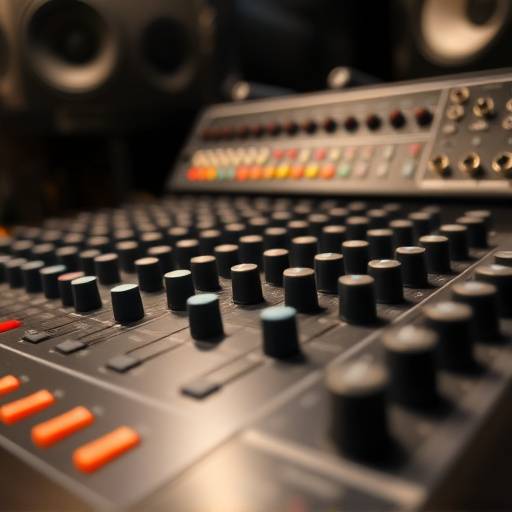 Close-up of a recording console with faders and knobs